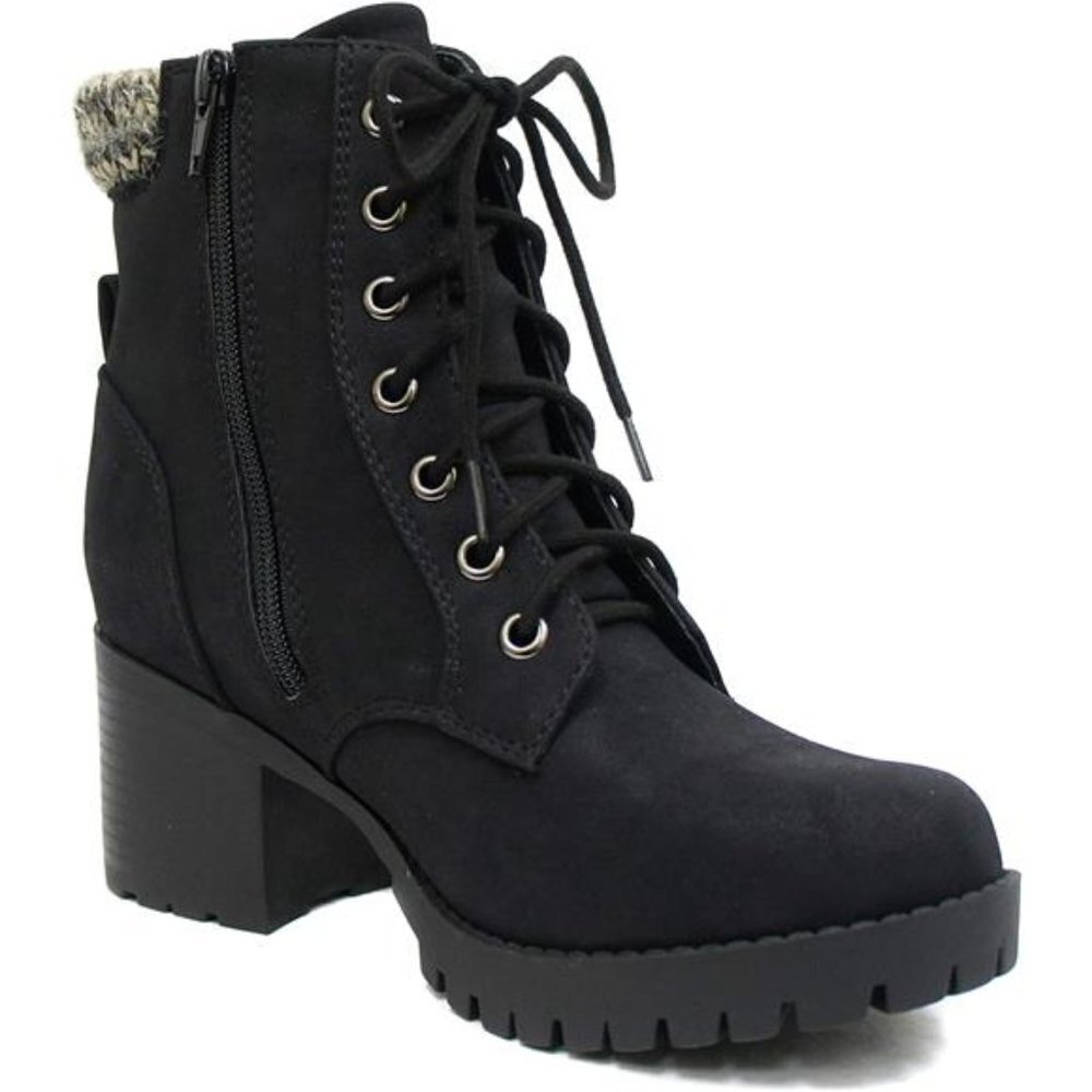 Chunky Heel Combat Ankle Boot - Lace-Up with Side Zipper